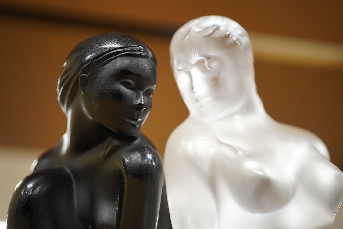 A Lalique opaque black glass Venus, and another in frosted glass, latter 11.5cm